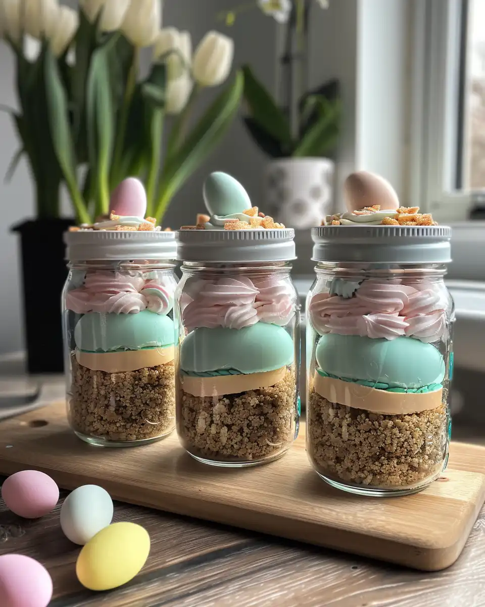 Close-up of finished mini egg cheesecake jar with chopped mini eggs on top