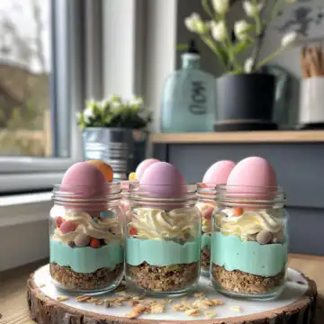 Easter Egg Cheesecake Jars taken with iphone 15 pro max --iw 2 --ar 4:5 --v 6.0 --raw