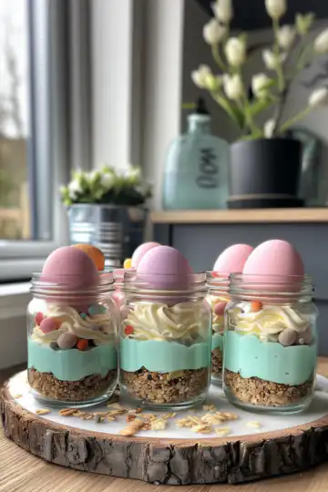 Easter Egg Cheesecake Jars taken with iphone 15 pro max --iw 2 --ar 4:5 --v 6.0 --raw