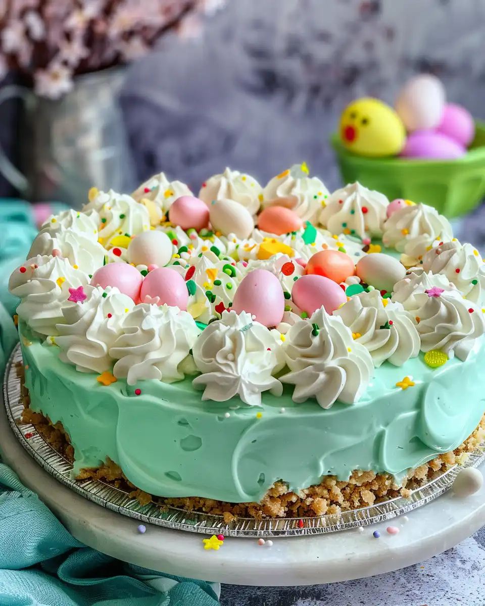 Colorful Easter no bake jello pie in glass jars with bunny Peeps