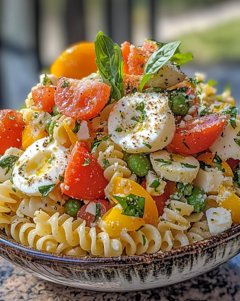 Finished pasta salad served on a plate