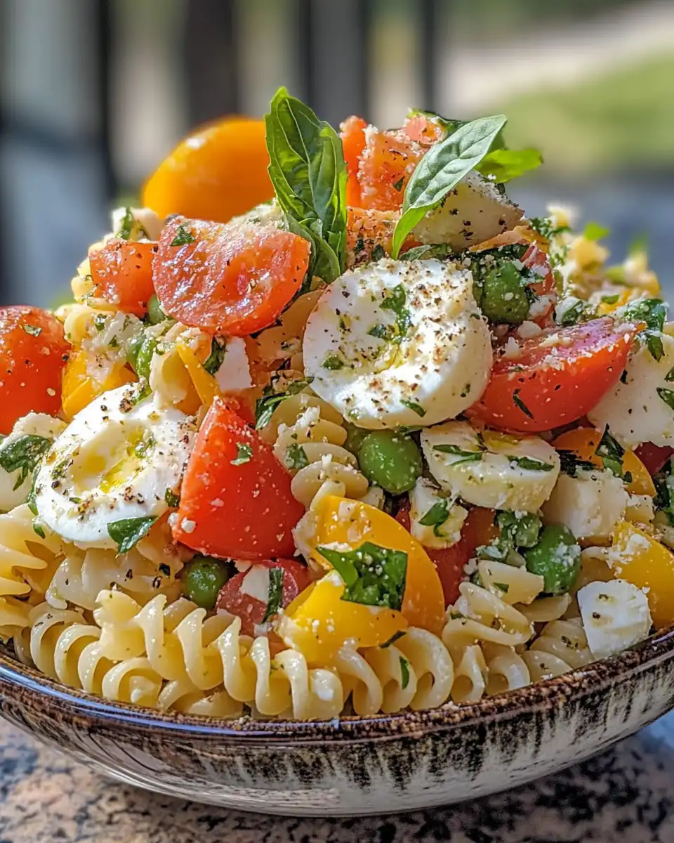 Finished pasta salad served on a plate