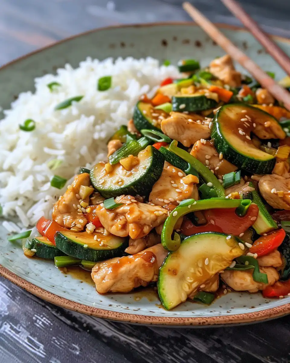 Finished plated chicken zucchini stir-fry with sesame and Sriracha