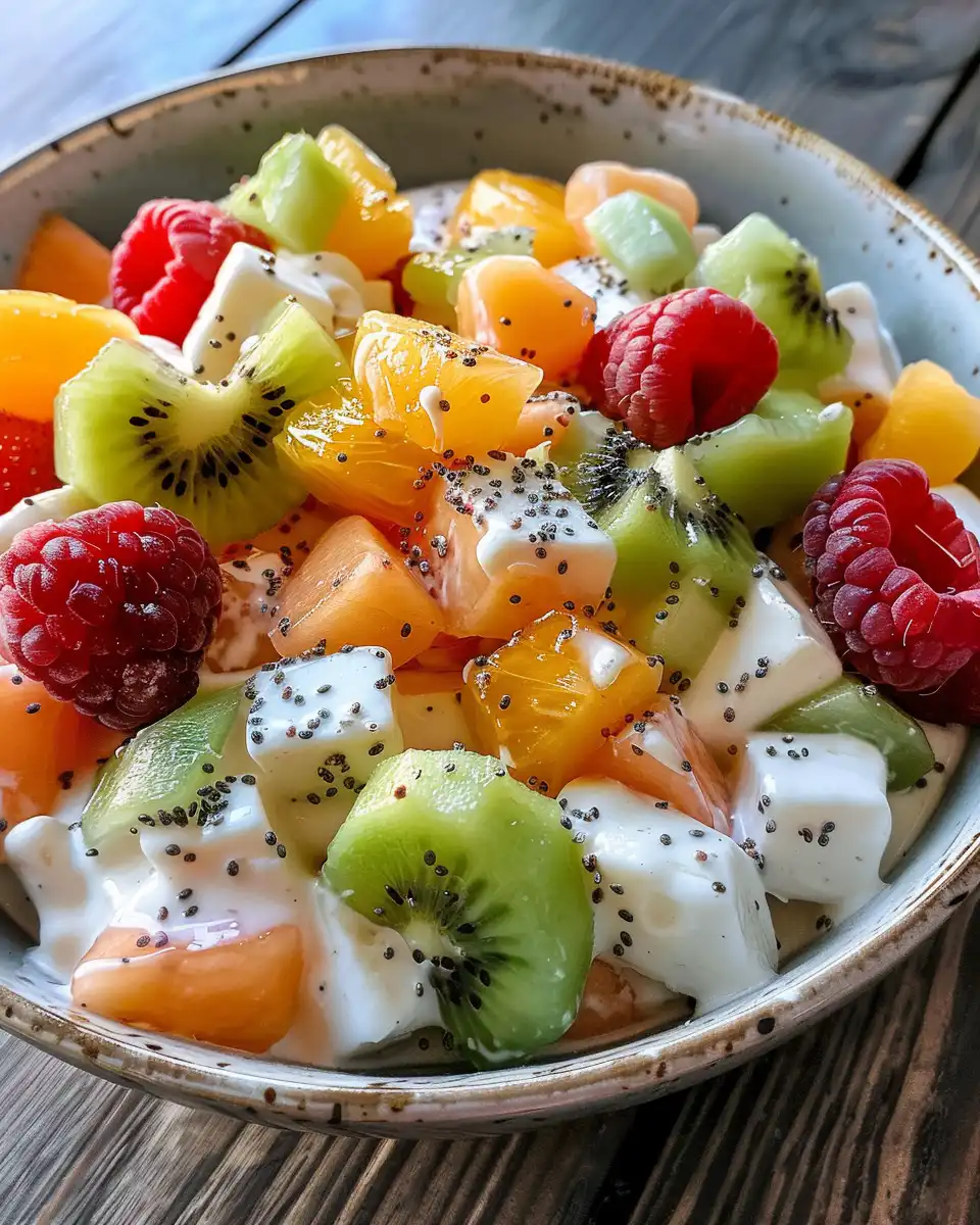 Ingredients for creamy fruit salad laid out on kitchen counter