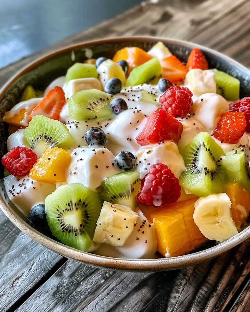 Finished creamy fruit salad served chilled in dessert bowl