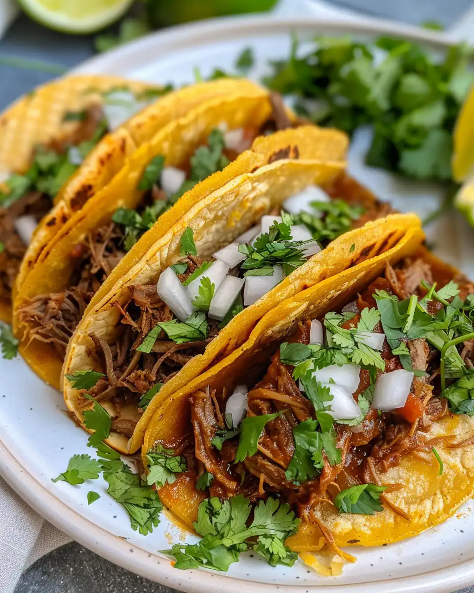 Shredded birria beef tacos ready to serve with melted cheese and fresh toppings