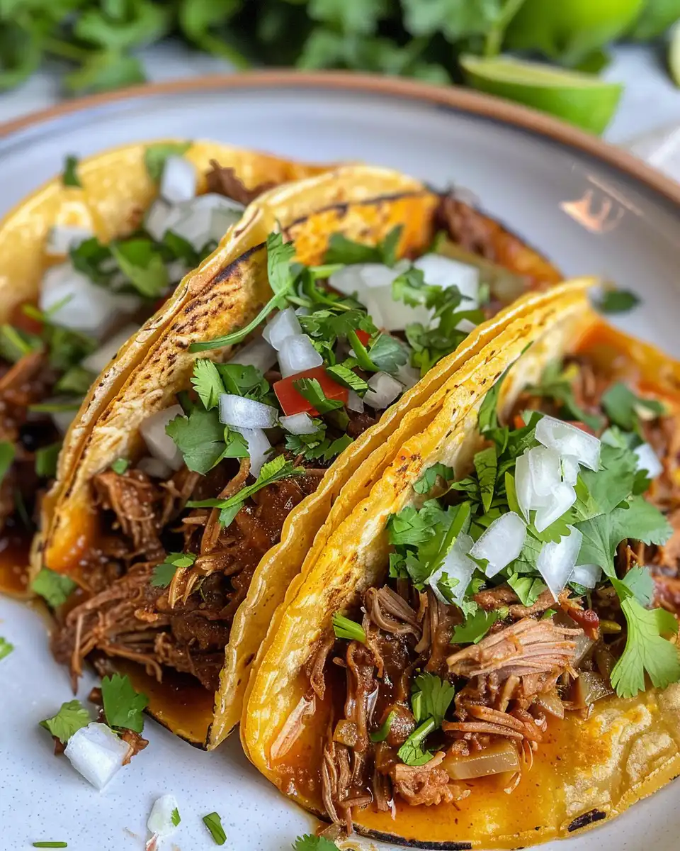 Close up of pressure cooker birria tacos with steam rising