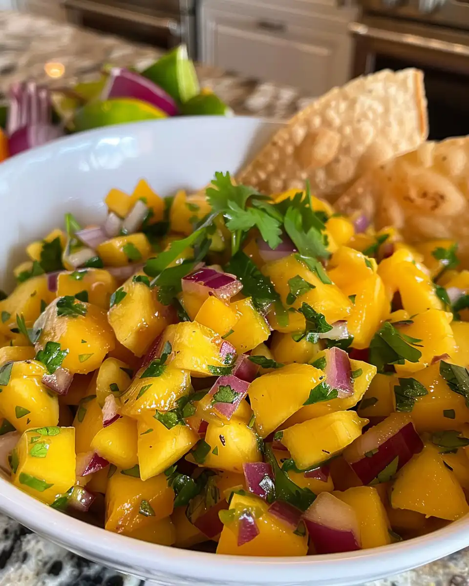 Fresh mango salsa ready to serve with grilled chicken