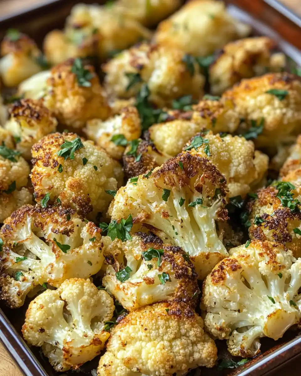 Gold browned garlic butter roasted cauliflower ready to serve