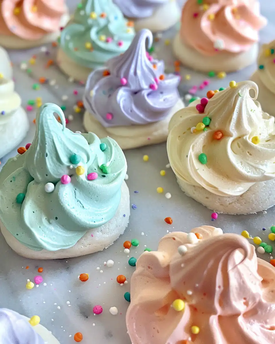 Close-up of finished jello meringue cookies on parchment paper