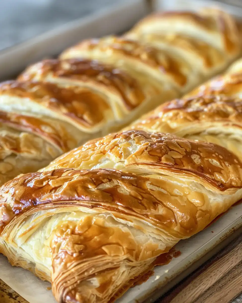 Final sliced lemon cream cheese puff pastry braid served on plate