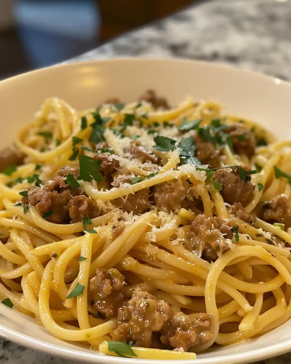 Ready to serve creamy sausage pasta in a bowl