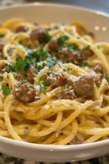 Easy Marry Me Sausage Pasta taken with iphone 15 pro max --iw 2 --ar 4:5 --v 6.0 --raw