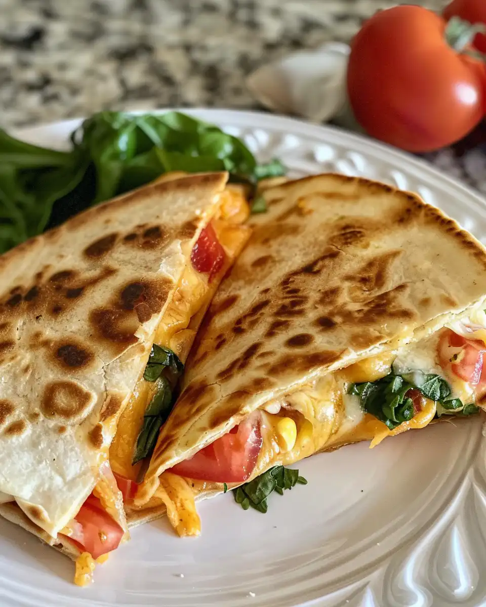 Making Mediterranean quesadilla with tortillas and spinach filling in skillet