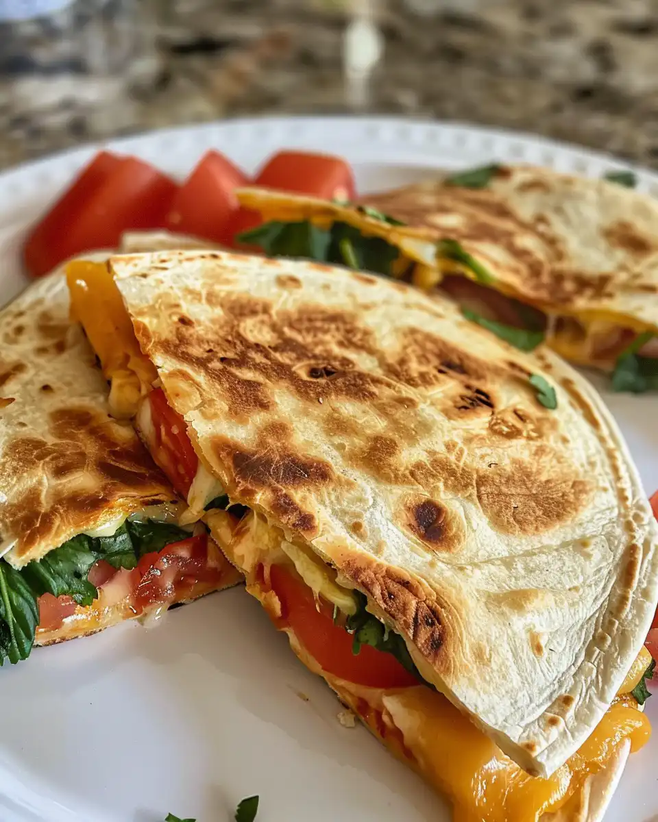 Close up of Mediterranean quesadilla slice showing melted cheese and filling