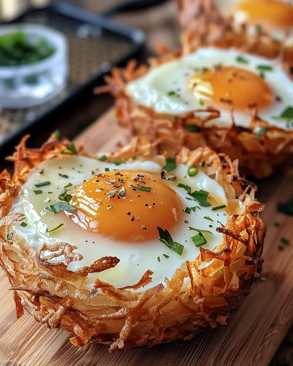 Final golden hash brown egg nests served with sliced avocado and parsley