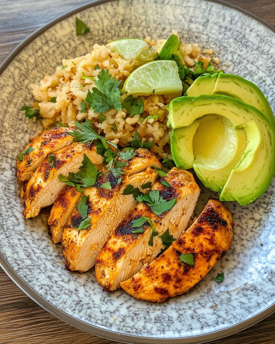 Plated Fiesta Lime Chicken with avocado topping and fresh veggies