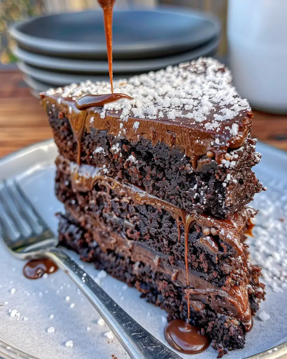 Finished flourless chocolate cake with glossy ganache
