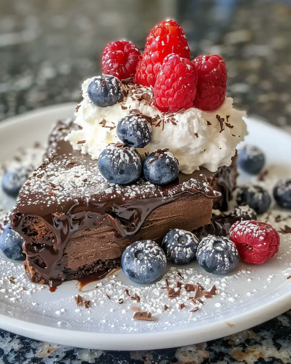 Finished flourless chocolate torte dusted with cocoa powder