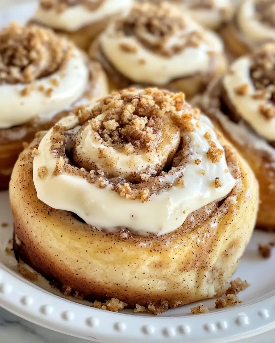 Cream cheese frosted banana bread cinnamon rolls on a plate ready to serve