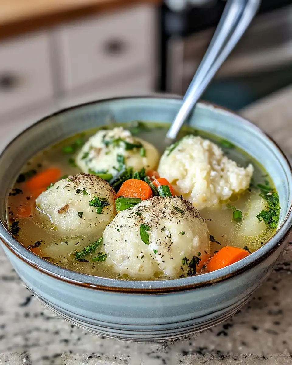 Serving bowl with perfectly cooked fluffy matzo balls in rich broth