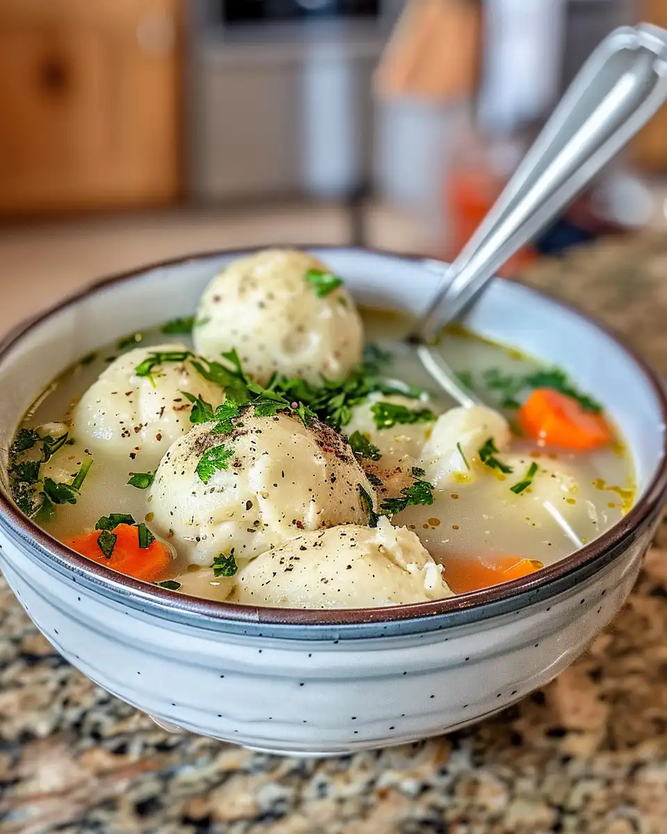 Close up of fluffy matzo ball soup filling the kitchen with inviting aroma