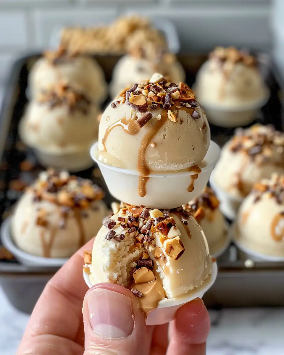 Close-up of creamy peanut butter yogurt bites freshly removed from freezer