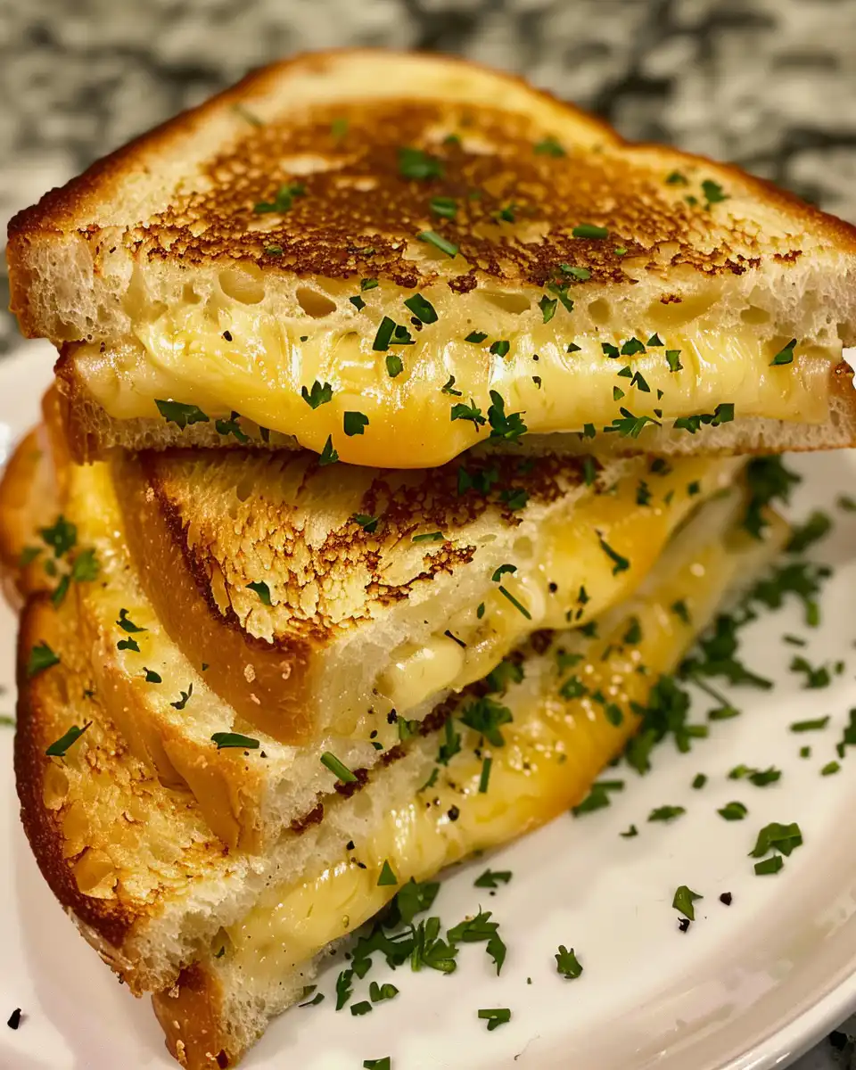 Ingredients for garlic bread grilled cheese: bread, garlic, cheese, butter and parsley