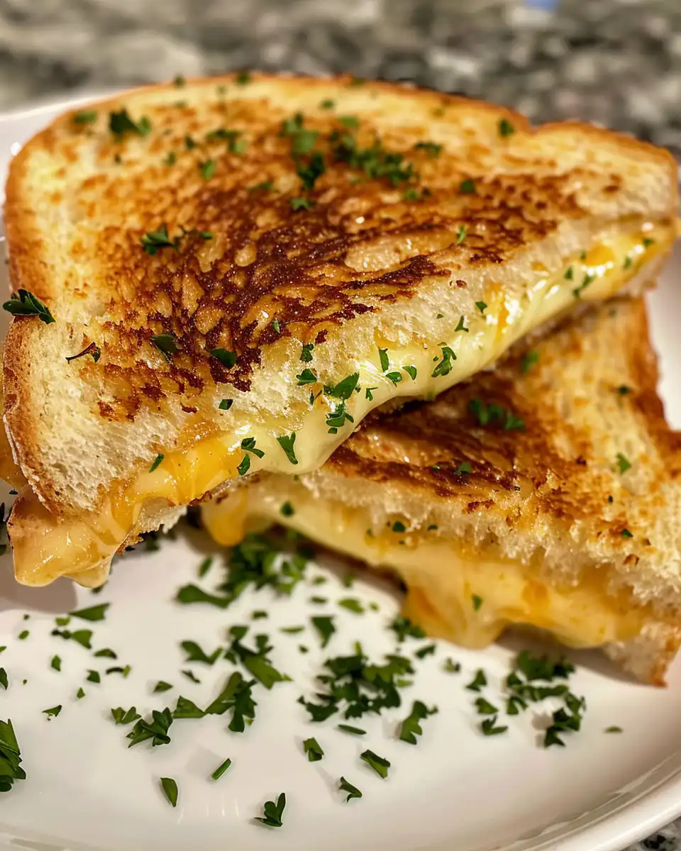 Finished garlic bread grilled cheese sandwich ready to serve, showing melted cheese and crispy bread