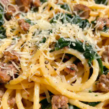 Garlic Butter Spaghetti with Cheesy Italian Sausage and Spinach taken with iphone 15 pro max --iw 2 --ar 4:5 --v 6.0 --raw