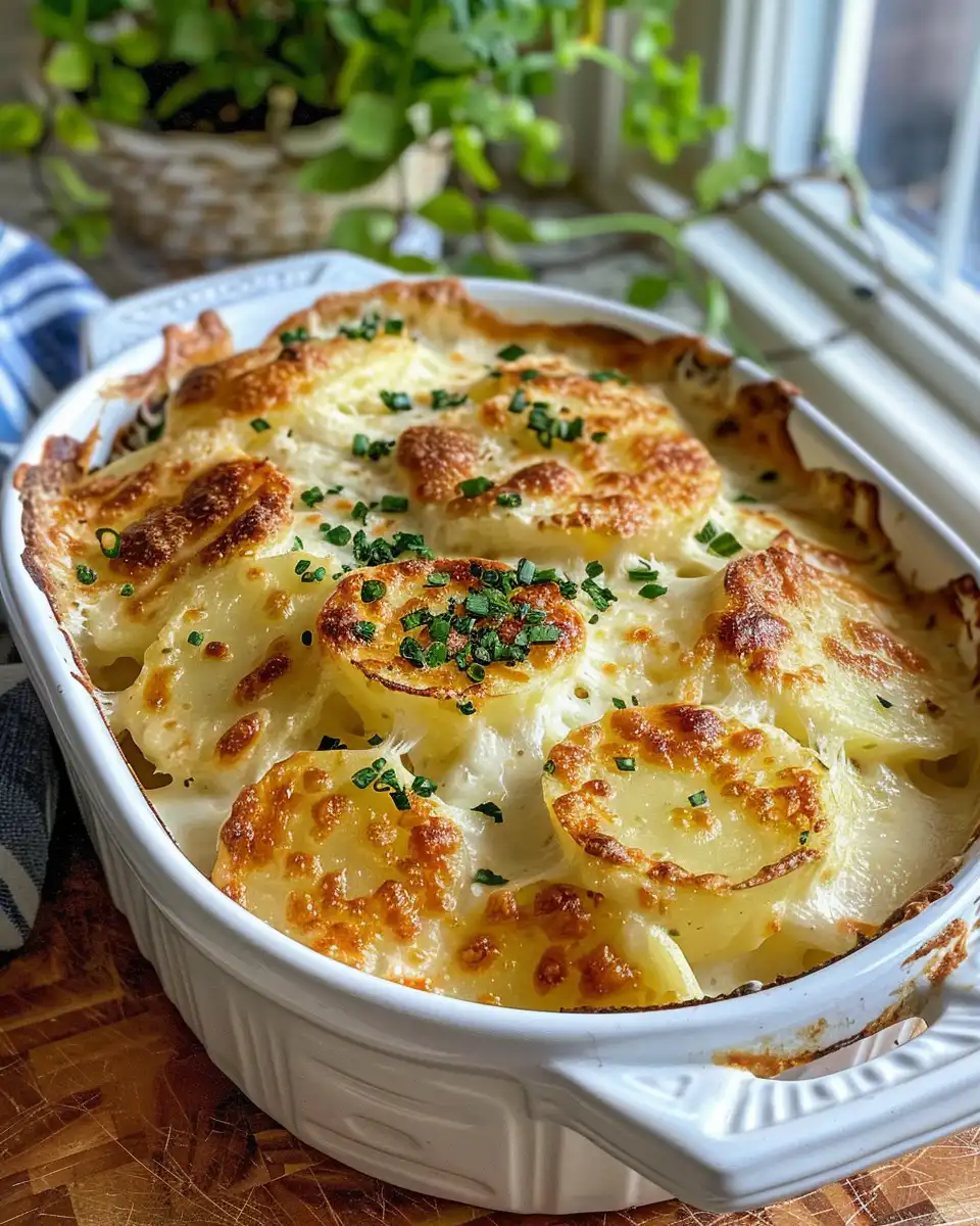Golden scalloped potatoes with a crispy golden crust