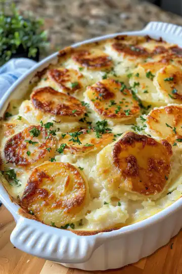 Garlic scalloped potatoes taken with iphone 15 pro max --iw 2 --ar 4:5 --v 6.0 --raw