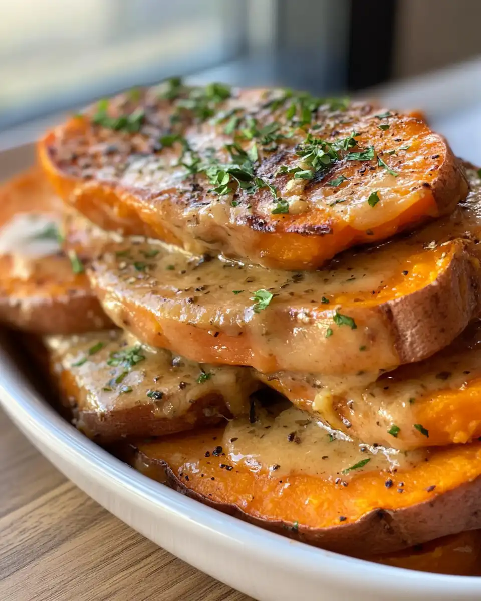 Process of layering sweet potatoes with cream and Parmesan in buttered dish