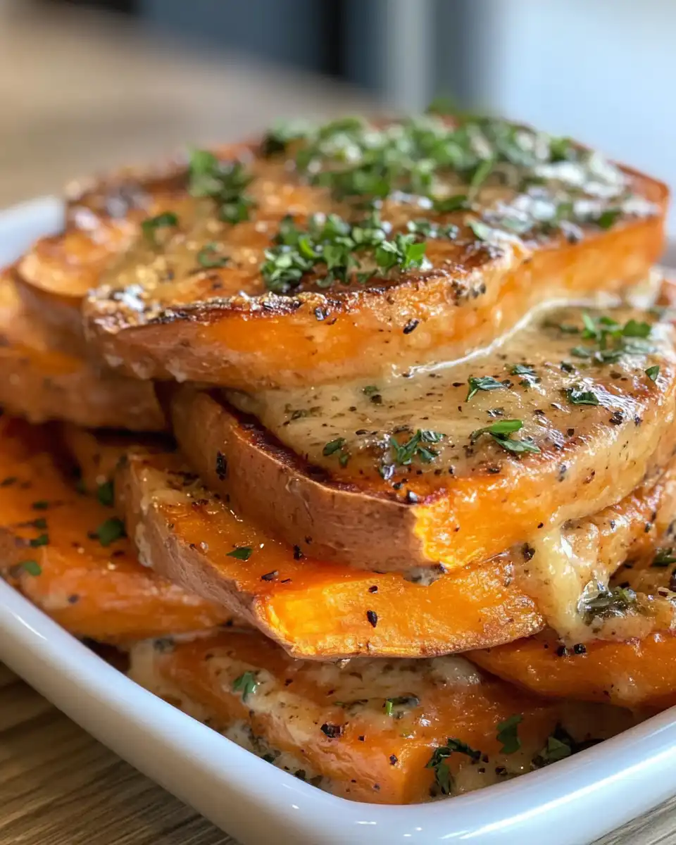 Close up of golden brown garlic scalloped sweet potatoes served on plate