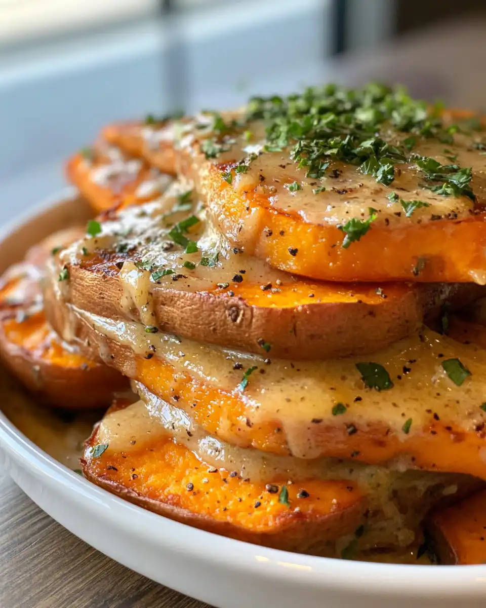 Garlic scalloped sweet potatoes golden and bubbling in baking dish