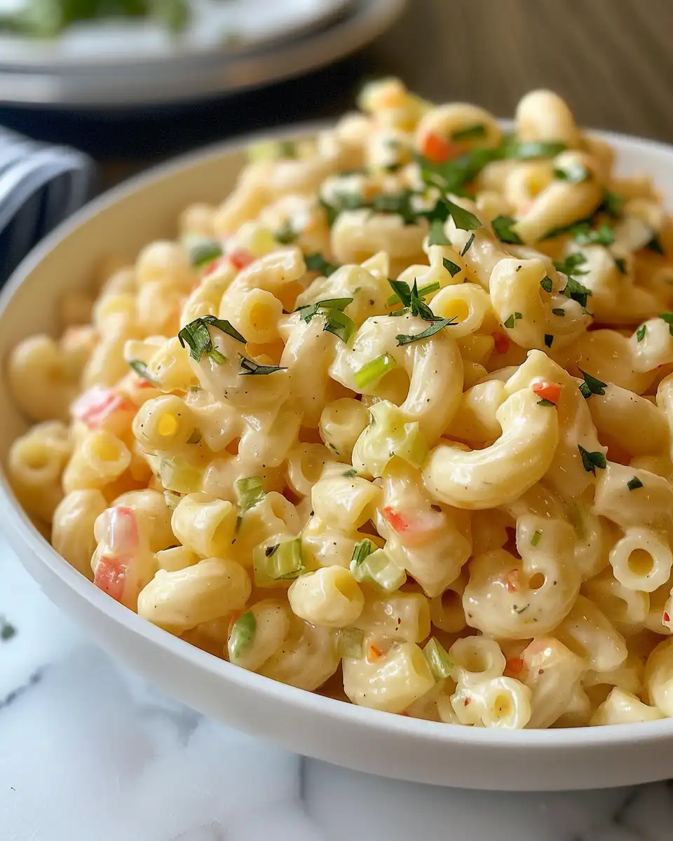 Serving of finished Hawaiian Macaroni Salad with crunchy vegetables