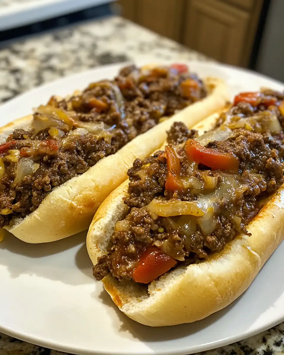 Serving ready gourmet Philly Cheesesteak Sloppy Joes with melty cheese and toasted buns