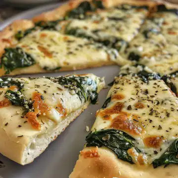 Greek Roasted Garlic Spinach White Pizza: A Delicious Twist on a Classic taken with iphone 15 pro max --iw 2 --ar 4:5 --v 6.0 --raw