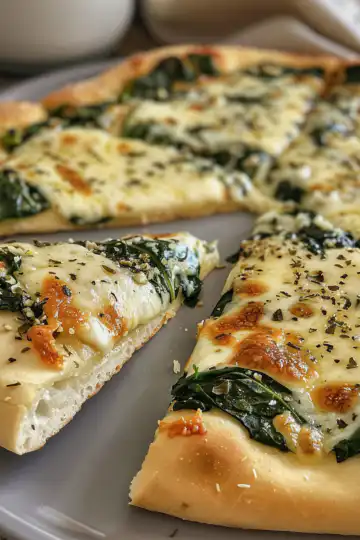 Greek Roasted Garlic Spinach White Pizza: A Delicious Twist on a Classic taken with iphone 15 pro max --iw 2 --ar 4:5 --v 6.0 --raw