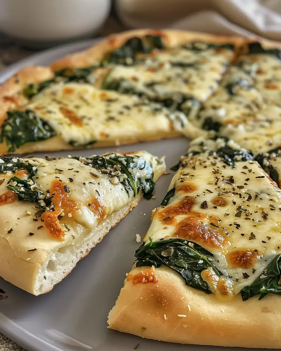 Roasted garlic and spinach white pizza with creamy sauce