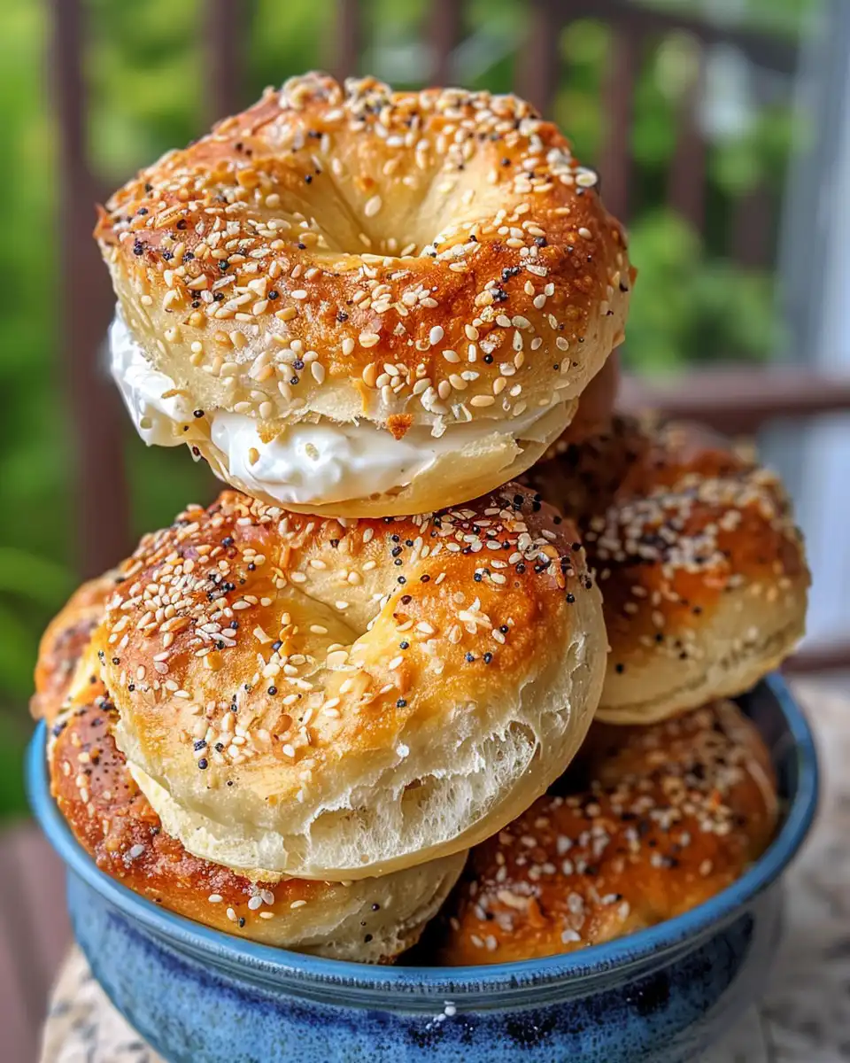 Freshly baked Greek yogurt bagels with a golden crust