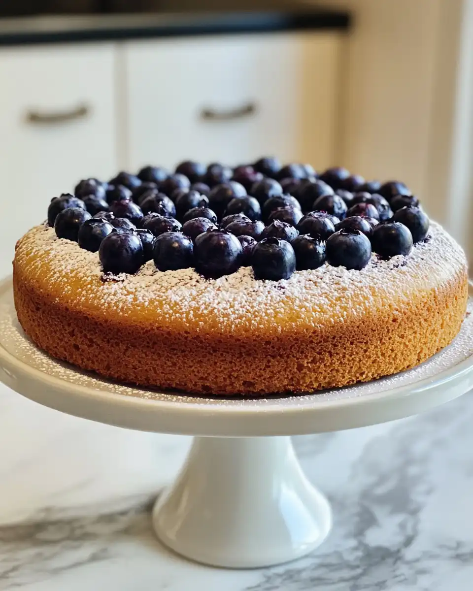Serving suggestion for Greek yogurt blueberry cake with fresh blueberries and slice ready to eat