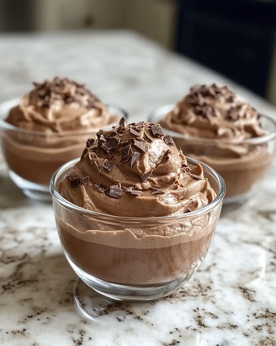 Whipped Greek yogurt chocolate mousse in serving glasses