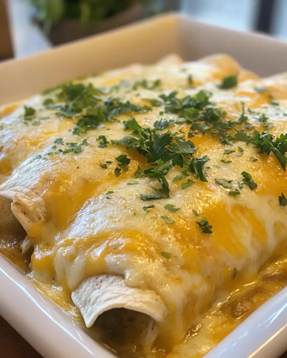 Close-up of cheesy green chile enchiladas