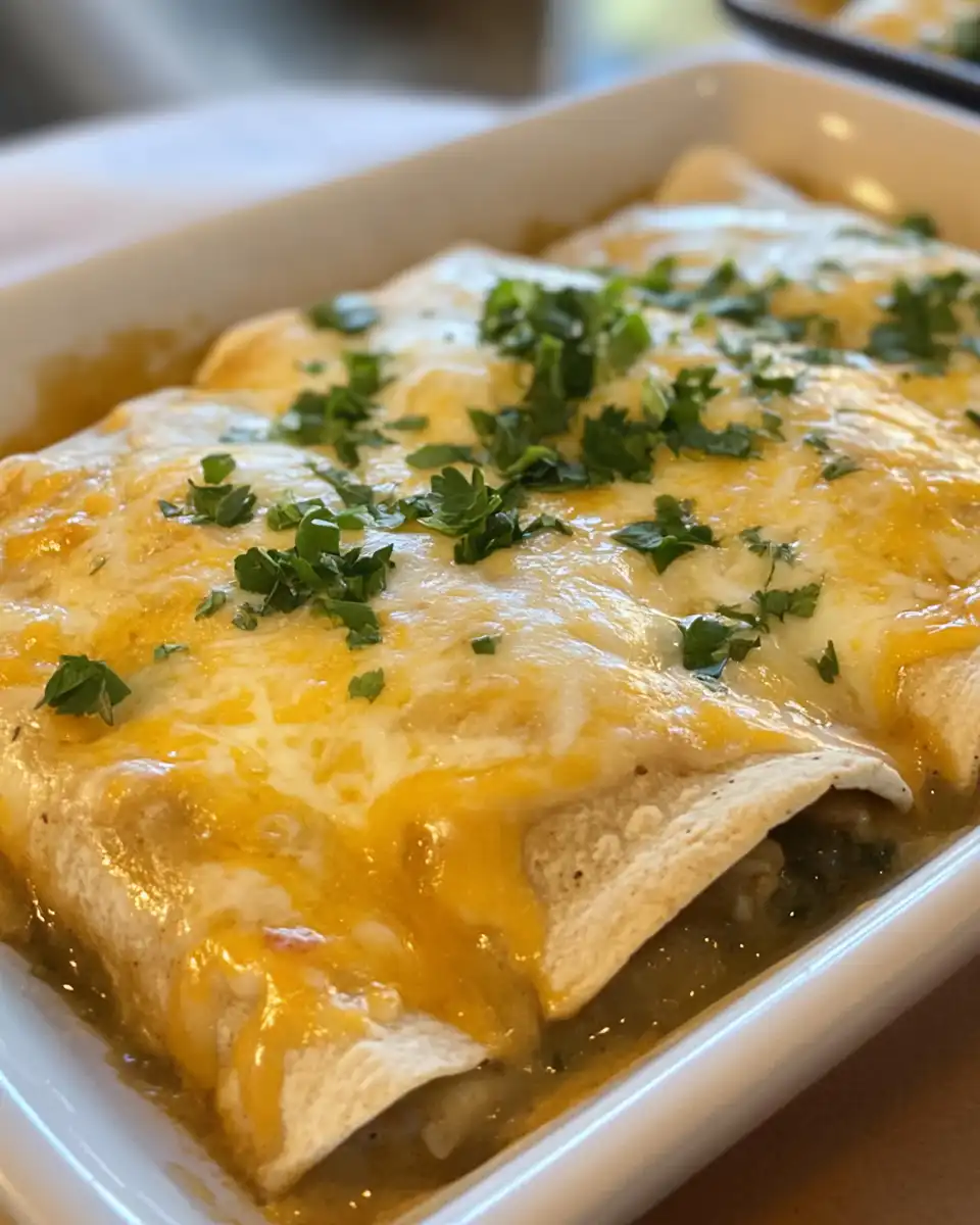 Green chile enchiladas in a baking dish