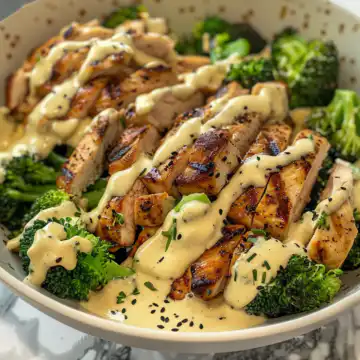 Grilled Chicken & Broccoli Bowls with Creamy Garlic Sauce taken with iphone 15 pro max --iw 2 --ar 4:5 --v 6.0 --raw