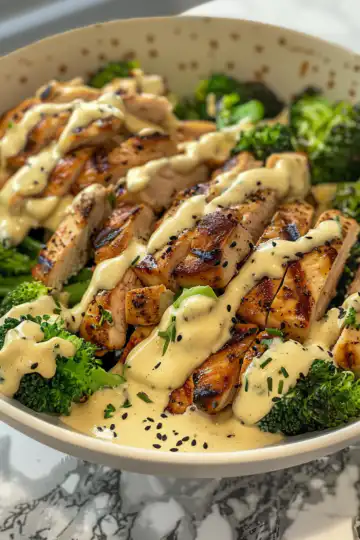 Grilled Chicken & Broccoli Bowls with Creamy Garlic Sauce taken with iphone 15 pro max --iw 2 --ar 4:5 --v 6.0 --raw