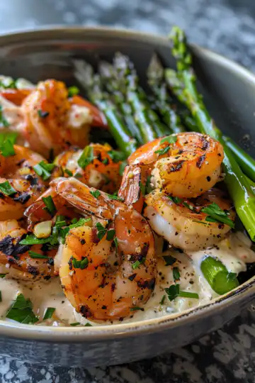 Grilled Shrimp Bowl with Asparagus & Creamy Garlic Sauce taken with iphone 15 pro max --iw 2 --ar 4:5 --v 6.0 --raw