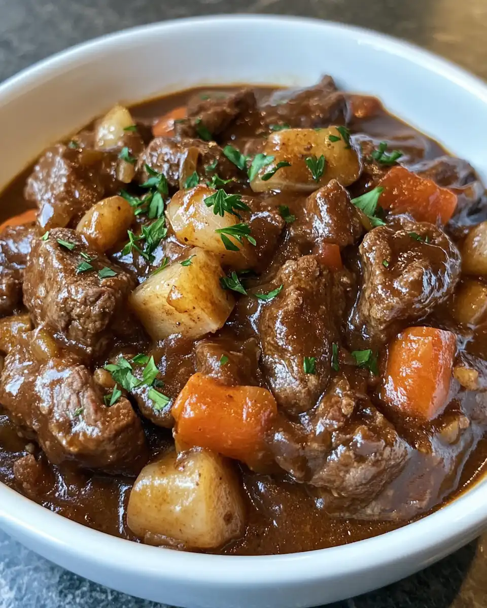 Delicious Guinness beef stew in a pot