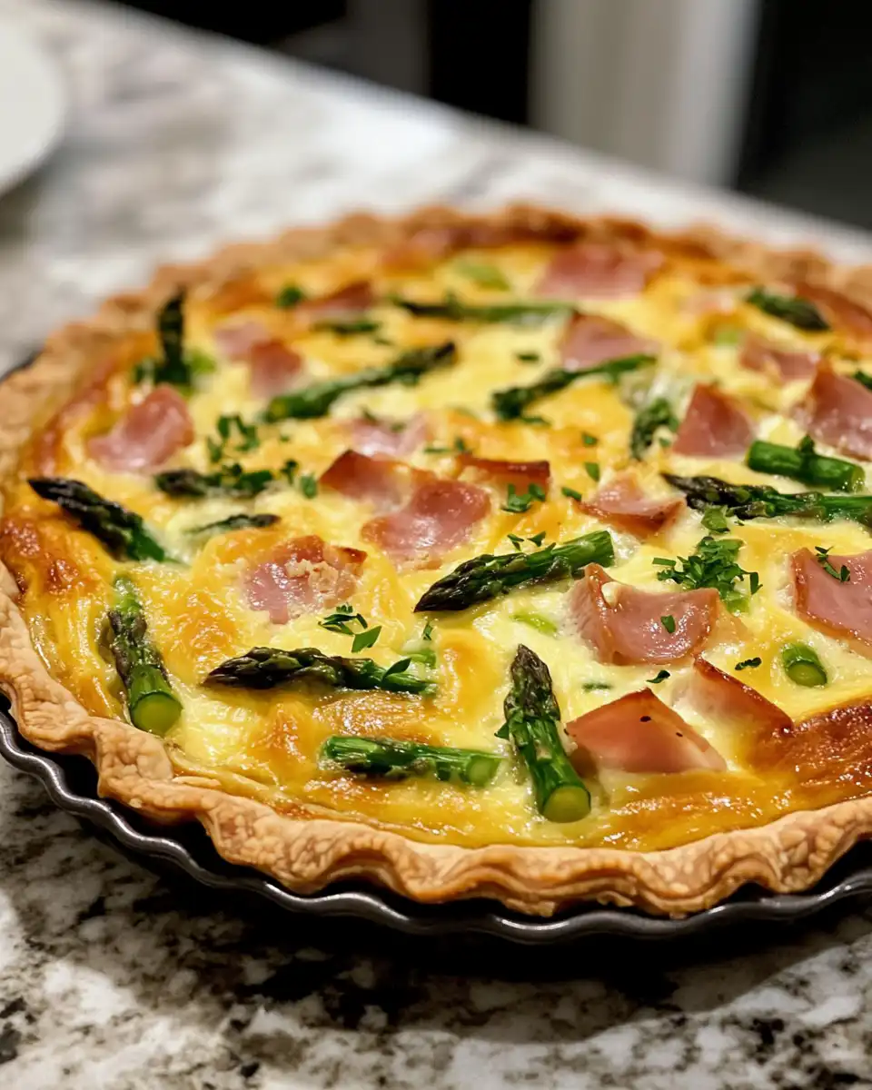 A close-up of a delicious ham and asparagus quiche